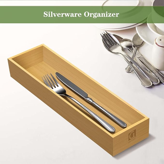 guiogc Bamboo Drawer Silverware Organizer, Flatware Organizers, Multi-purpose Bamboo Storage Box for Kitchen, Offices and Dressing table 11.5" x 3.15" x 1.8" (Set of 2)