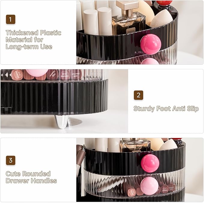 UFORU Makeup Organizer Countertop for Vanity with 360° Rotating Brush Holder, 3 Layer Cosmetic and Jewelry Storage, Makeup Display Case for Skincare&Perfume, Black
