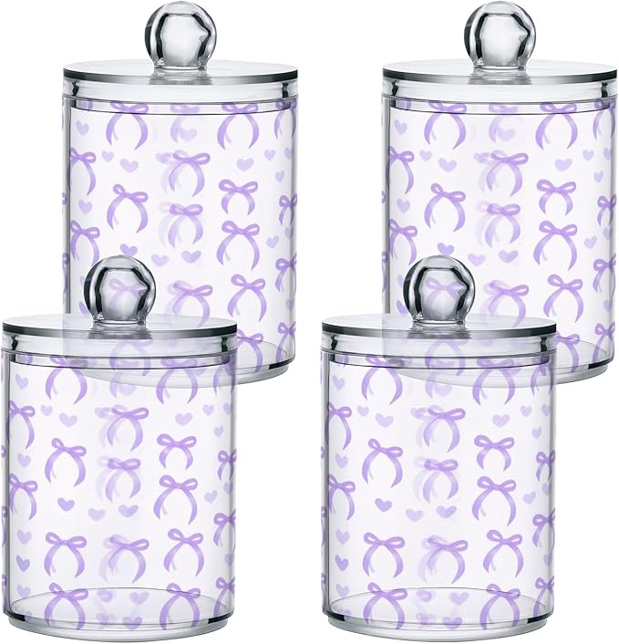 2 Pack Apothecary Jars Purple Bow Love Qtip Holder Organizer Clear Airtight Container for Cotton Swabs Food Storage 14oz Plastic Jars with Lids