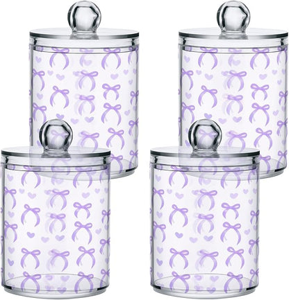 2 Pack Apothecary Jars Purple Bow Love Qtip Holder Organizer Clear Airtight Container for Cotton Swabs Food Storage 14oz Plastic Jars with Lids