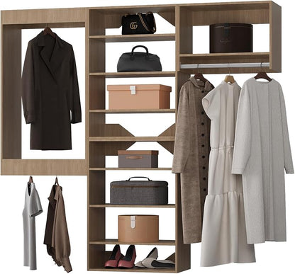 Modular Closet Organizer, 84" Wide Tower System with Hanging, Wooden Closet Storage for Walk-In and Bedroom, Wall-Mounted Wardrobe Organizer Kit