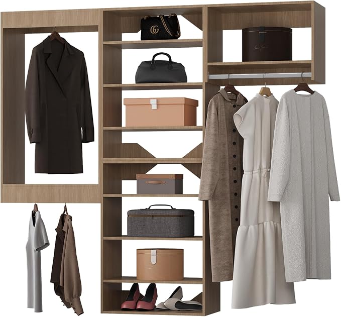 Modular Closet kit, 96in Wide Wardrobe Organizer - Tower Storage for Walk-In Closets, Wall-Mounted - Wooden Finish