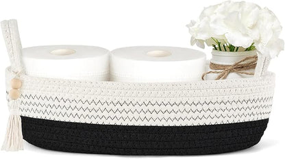 Mkono Small Storage Basket for Toilet Tank Top Boho Bathroom Decor Woven Rope Toilet Paper Tray Organizer for Shelf Bedroom Living Room, Black and White, 1 Pack, 13" L x 6" W