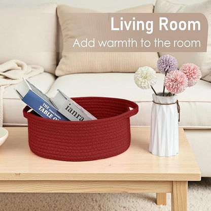 JMvicyroam Woven Basket,Small Rope Storage Bin with Handles & Ribbon Bag, Organizer for Shelves Closets,Gift Basket Empty for Birthday,Books,Dog Toys, Red