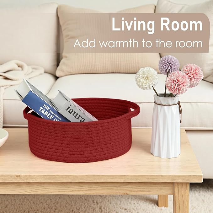 JMvicyroam Woven Basket,Small Rope Storage Bin with Handles & Ribbon Bag, Organizer for Shelves Closets,Gift Basket Empty for Birthday,Books,Dog Toys, Red/3 Pack