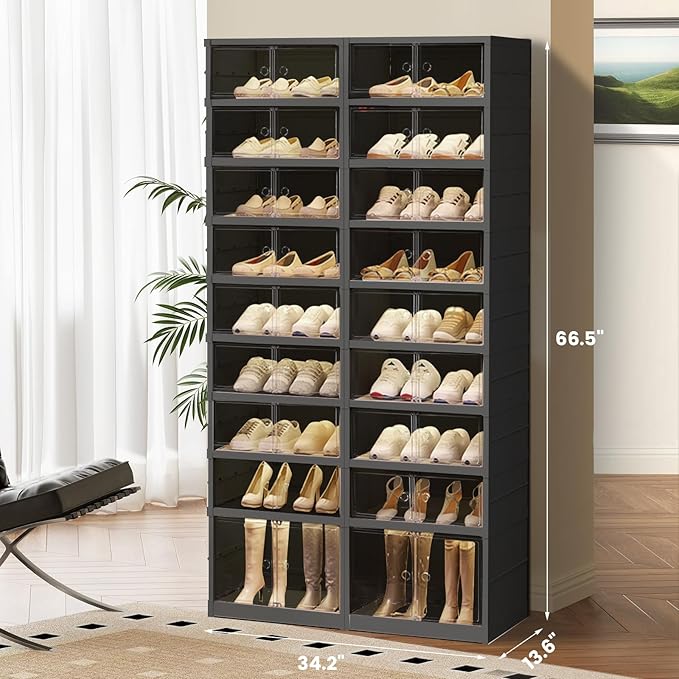 SYNCVIBE Shoe Rack Organizer for Closet Entryway Foldable Sneaker Storage Shoe, Collapsible Shoe Cabinet, Stackable Shoe Storage Cabinet with Lids for Living Room (9 Tiers -36 Pairs Black)