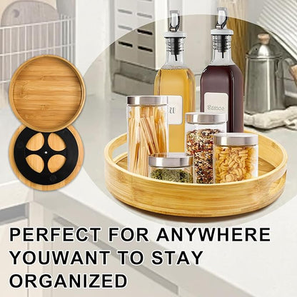 Wooden Lazy Susan Organizer for cabinet-12 Inch Bamboo Kitchen Turntable Organizer with Double Handles-Large Bamboo Lazy Susan for Table Top, Countertop, Cabinet, Pantry, Dining Table