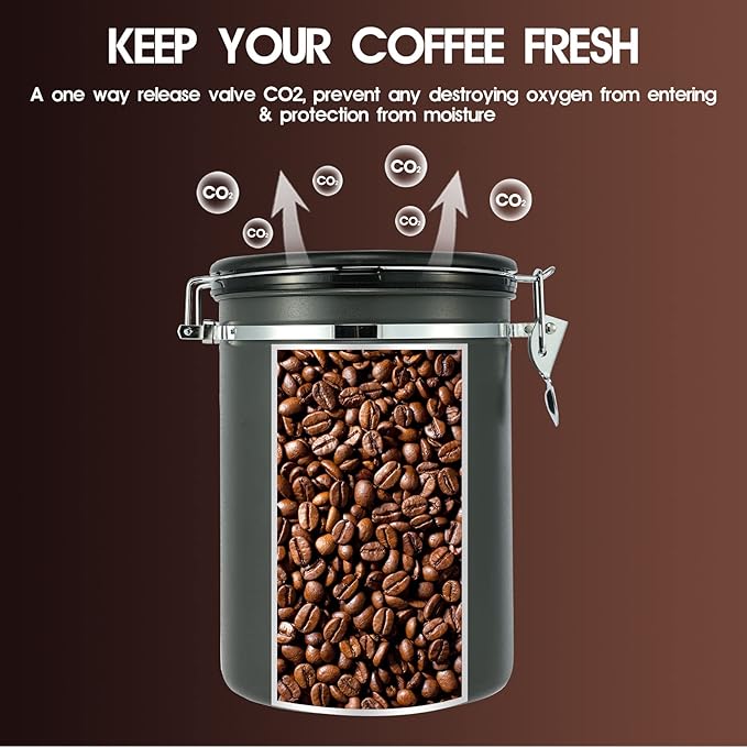 38oz Airtight Coffee Canister,Stainless Steel Coffee Bean Storage Container with Scoop Date Tracker & CO2 Release Valve for Beans, Grounds and more- Gray