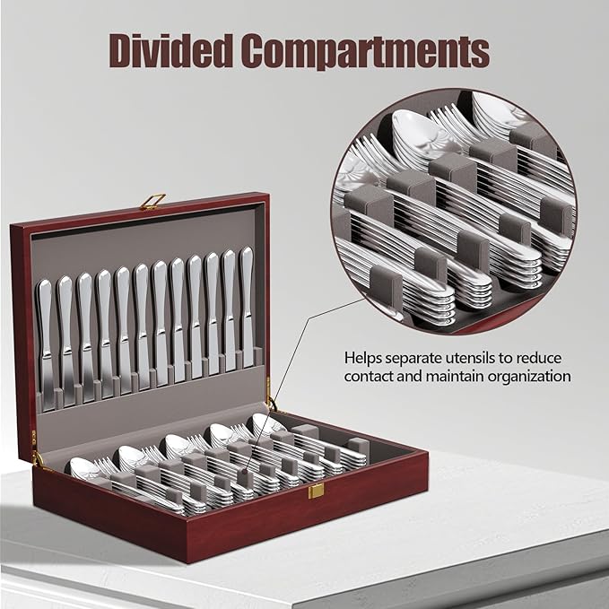 Solid Mahogany Silverware Storage Box,Silverware Chest Case with Lid and Felt Lined,Wood Flatware Storage Box for 12 sets of Utensils,Silverware Boxes for Flatware,Silverware Chest without Silverware
