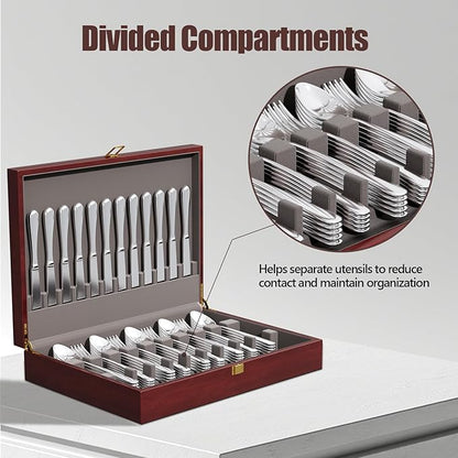 Solid Mahogany Silverware Storage Box,Silverware Chest Case with Lid and Felt Lined,Wood Flatware Storage Box for 12 sets of Utensils,Silverware Boxes for Flatware,Silverware Chest without Silverware