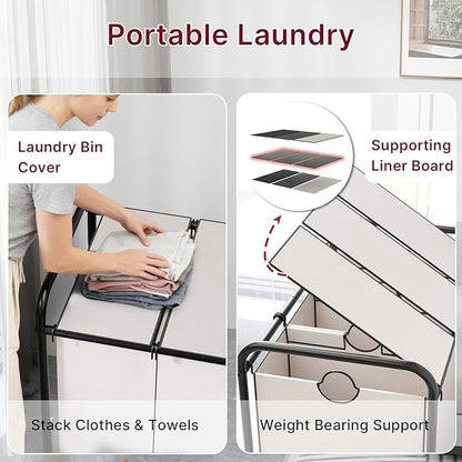 180L Laundry Sorter 3 Section – Heavy Duty Rolling Laundry Basket with Lockable Wheels and Lid, 3 Large Separate Removable Bags, Laundry Hamper Cart for Laundry Room Organizer (White)