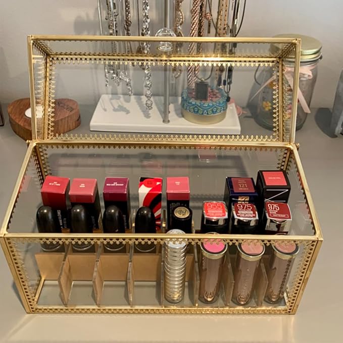HighFree 24 Slots Glass Lipstick Organizer - Gold Vintage Transparent Display Box With Lid & Removable Dividers for Lip Gloss