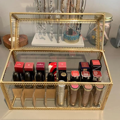HighFree 24 Slots Glass Lipstick Organizer - Gold Vintage Transparent Display Box With Lid & Removable Dividers for Lip Gloss