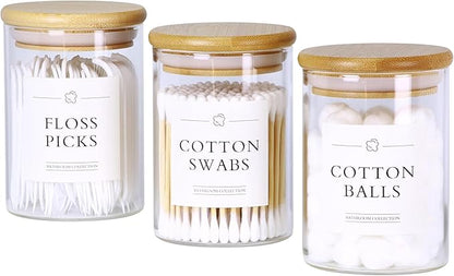INIUNIK 3 Pack Qtip Holder Dispenser - Glass Apothecary Jars with Lids, Cotton Ball Pad Swab Round Holder, Bamboo Bathroom Accessories, Bathroom Organizers Containers Jars Canisters with Lids