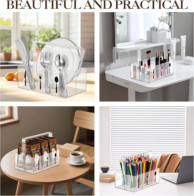 Garvee Acrylic Utensil Caddy with Handle, Plastic Silverware Organizer and Flatware Holder, Paper Plate Dispenser for Kitchen Countertop, Parties, Outdoor Picnic