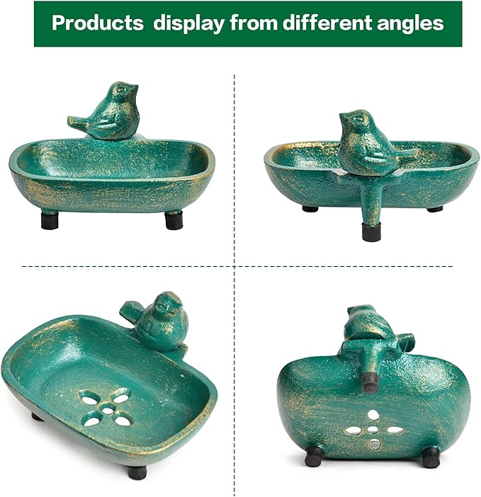 Sungmor Heavy Duty Cast Iron Hand Soap Holder - Lovely Bird Shaped & Antique Green Finish - Decorative Tabletop Soap Dish Tray for Kitchen Bathroom Sink - Practical Bath Soap Box Container