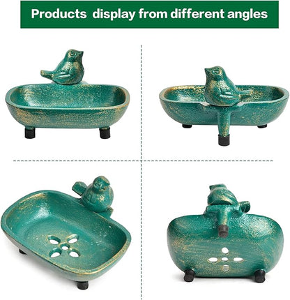 Sungmor Heavy Duty Cast Iron Hand Soap Holder - Lovely Bird Shaped & Antique Green Finish - Decorative Tabletop Soap Dish Tray for Kitchen Bathroom Sink - Practical Bath Soap Box Container