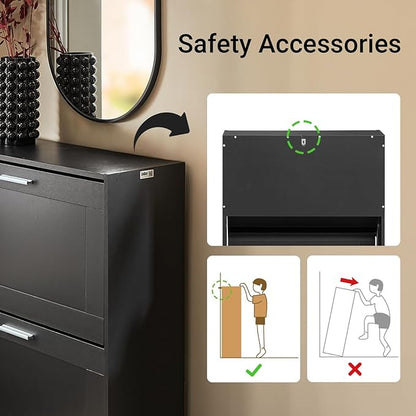 Haotian Shoe Cabinet Storage for Entryway, Narrow Shoe Cabinet with Two Flip Drawers to Save Space, Shoe Rack Cabinet for Front Door Entrance Hallway (Black)