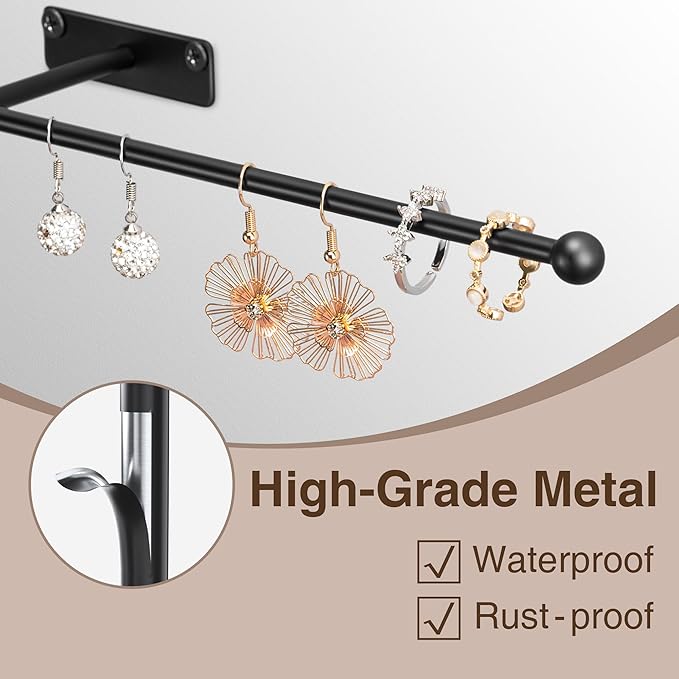 Wall Hanging Jewelry Organizer: 12.6'' Necklace Holder for Earring, Bracelet, Rings, Hairband, Glasses, Black 4-Pack, Screws Included