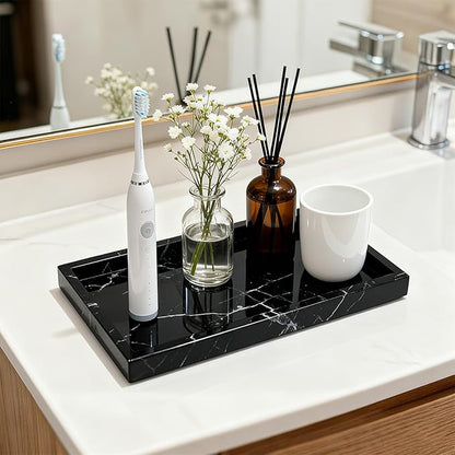 Pure Natural Marble Tray for Bathroom, Dresser, Sink. Cosmetics, toiletries, perfumes, Jewelry, Candles, etc. can be Placed (Black and White Root, 12" x 8" x 1.2")