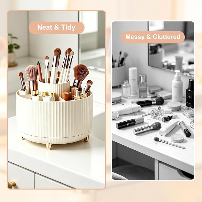 Makeup Brush Holder, Makeup Brush Organizer Countertop, Skincare Makeup Cosmetic Perfume Organizer Storage Box Case for Vanity Bathroom Countertop(Beige)