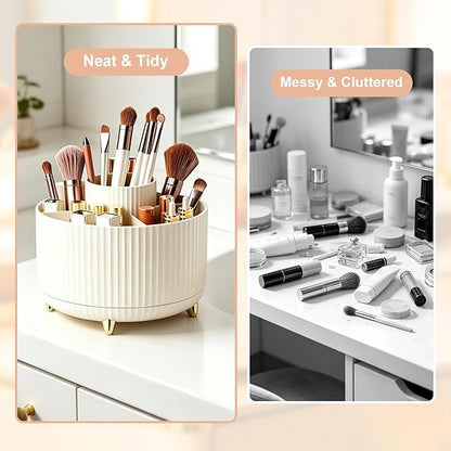 Makeup Brush Holder, Makeup Brush Organizer Countertop, Skincare Makeup Cosmetic Perfume Organizer Storage Box Case for Vanity Bathroom Countertop(Beige)