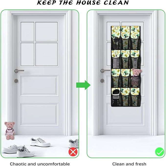 Multi-Purpose 12-Pocket Behind The Door Organizer, Oxford Cloth, Waterproof Large Capacity and Ideal for Bathroom Bedroom or Pantry Storage, Green Hat Gold Coins Horseshoe