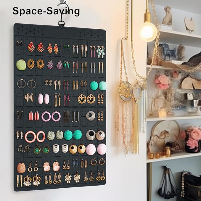 Dual Sided Hanging Jewelry Organizer with Hanger for Small Closet,Tangle Free Necklace Holder Over Door Large Capacity 300 Earrings+30 Necklaces, Soft Sturdy Felt Material,Gift Ready,1 Pack