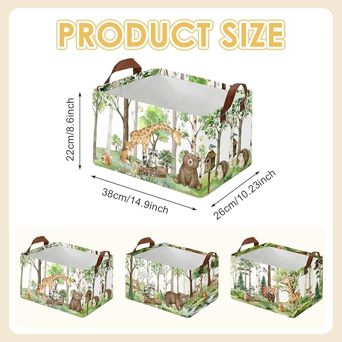 3 Pack Woodland Storage Baskets for Gifts Safari Animal Empty Large Collapsible Toy Storage Bins Box Woodland Canvas Baskets Organizer with Handles Nursery Decor Laundry Basket for Shelves Closet