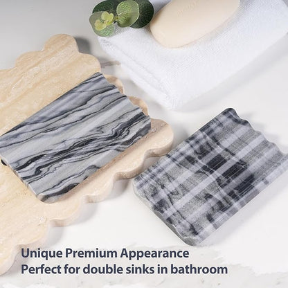 2 Pcs Soap Holder for Bathroom, Marble Soap Dish for Kitchen Countertop, Tray with Creative Wavy Design, Soap Saver for Bath Tub, Sponges, Italian Natural Stone(Monte Grigio)