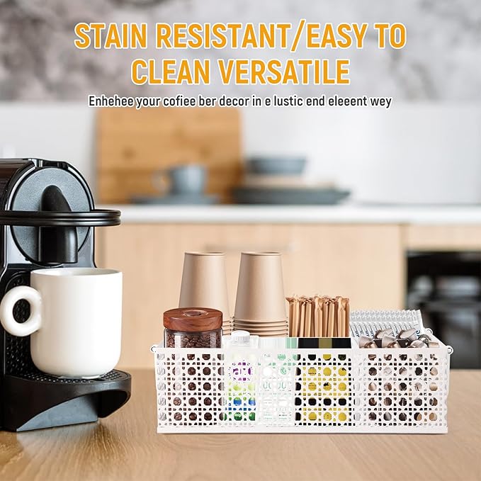 Metal Coffee Bar Organizer Countertop With Handles, Station Accessories, Pods Holder, and Tea Condiment Organizer - Mesh White