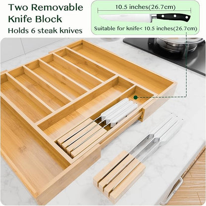 Dunruz Bamboo Expandable Drawer Organizer for Kitchen Utensils, Adjustable Silverware Tray with 9 Deep Slots for Large Spoons & Knives, Natural Wood Flatware Caddy for Cutlery Storage (Fits 13"-20")
