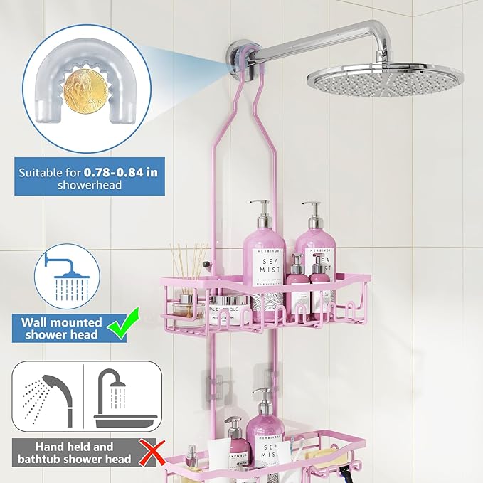 Shower Caddy, Upgraded Extended Length Shower Caddy Over Showerhead No Blocking to Shower Head, Rustproof Shower Organizer with Hooks Shampoo Soap Holder, Bathroom Large Hanging Shower Caddy