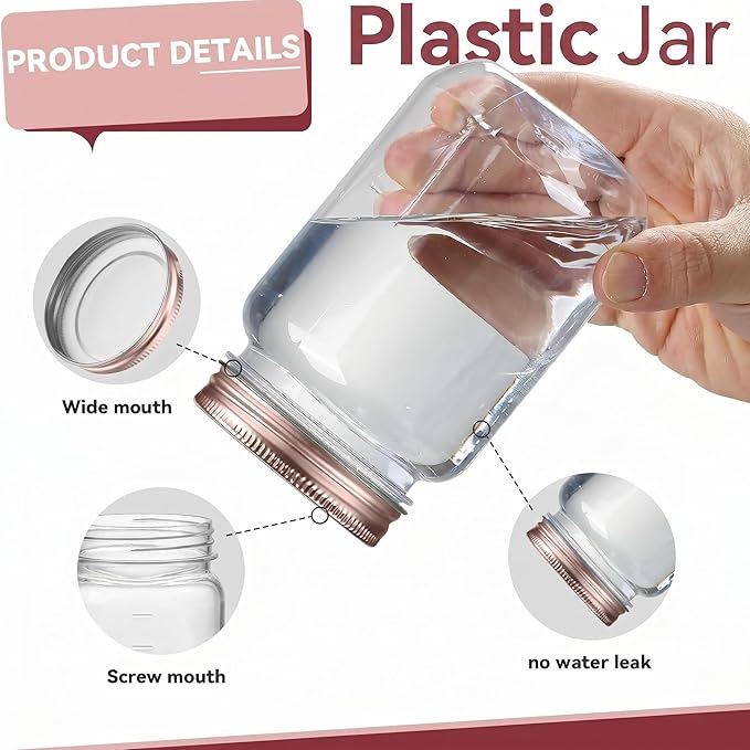 novelinks 16 oz Clear Plastic Jars with Lids, Refillable 16oz Mason Jars with Lids & Storage Containers for Kitchen & Household Use (15 Pack,Rose Gold)