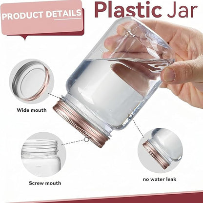novelinks 16 oz Clear Plastic Jars with Lids, Refillable 16oz Mason Jars with Lids & Storage Containers for Kitchen & Household Use (5 Pack,Rose Gold)