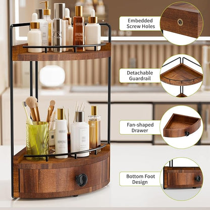 2-Tier Corner Bathroom Counter Organizer with Drawer & Embedded Screw Holes - Wooden Countertop Organizers for Skincare, Makeup Storage, Bathroom Sink Counter Shelf for Vanity, Acacia Wood-Brown