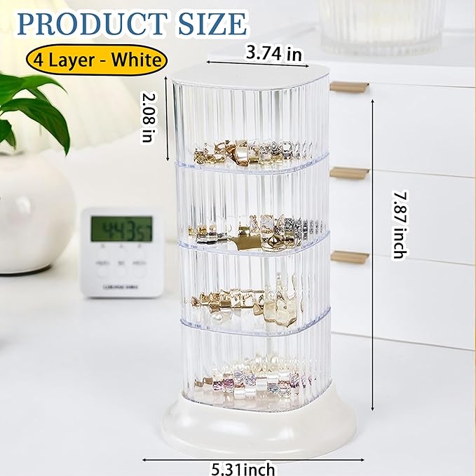 Hair Accessory Organizer, 4-Layer Rotating Clear Hair Tie Organizer for Hair Clips, Headbands, Hair Ties, Earring, Necklace, Ring, Jewelry Boxes & Organizers for Girls & Women (4-Layer，White)