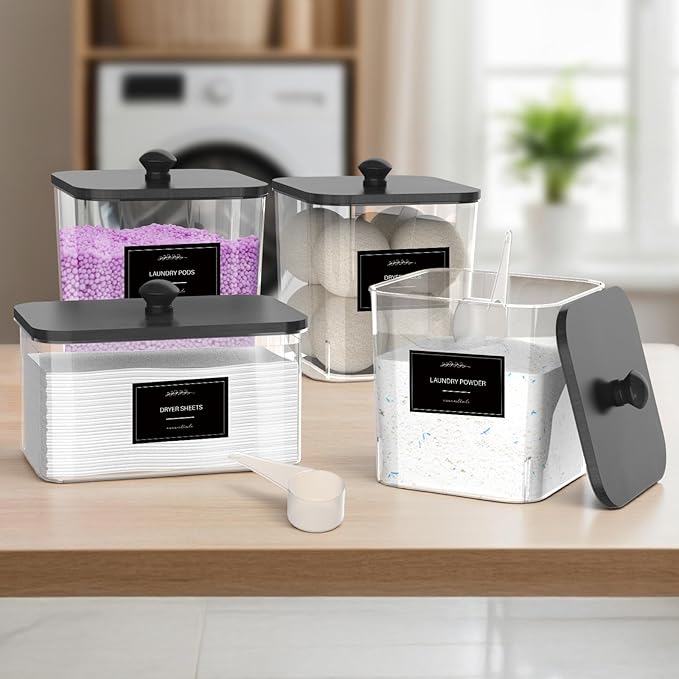 COAZEX 3+1 Pack Clear Laundry Pods Container & Dryer Sheet Holder, Plastic Square Laundry Room Organization and Storage Jars with Black Lids, Scoops & Labels for Detergent, Powder, Dryer Balls