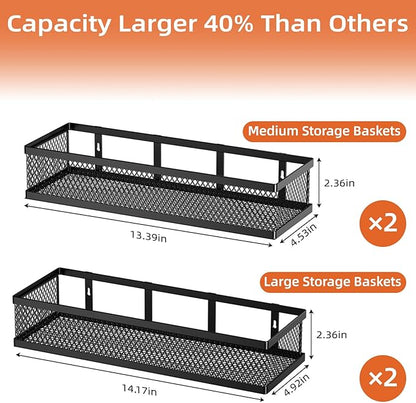 Spice Rack Wall Mount, 4 Pack Pantry Door Organizer & Hanging Storage Baskets Organizer Wall Mount, Large Capacity Metal Spice Shelf for Kitchen Cabinet, Pantry Doors, Bathroom, Shower, Home Decor