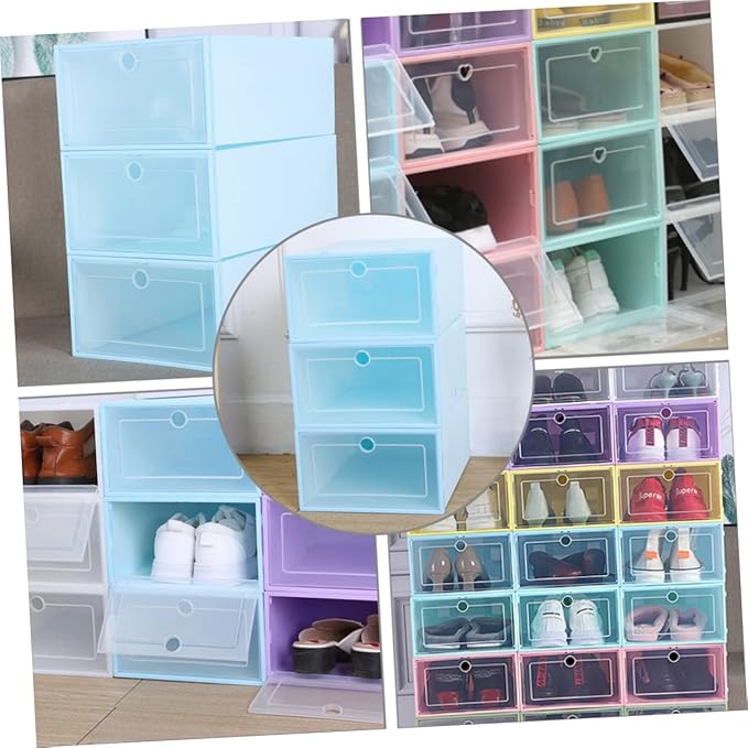 MAGICLULU 6pcs Transparent Stackable Shoes Organizer with Drawer Design Dustproof Plastic Storage Box for Easy Access for Home and Closet Organization Round Center Blue