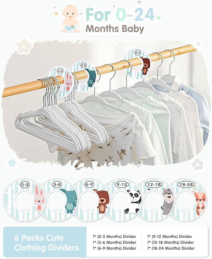 VIS'V Baby Hangers, 11 Inch Velvet Kids Hangers with 6 Pcs Clothes Size Dividers, Infant Toddler Nursery Closet Organization, Non Slip, White, 50 Pcs