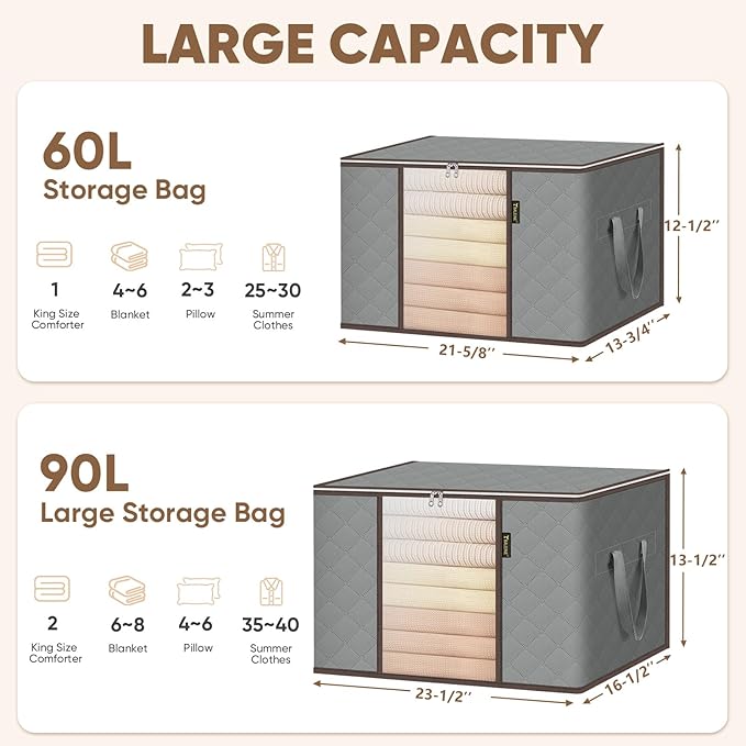 BALEINE 4 Pack Clothes Storage Bags, 24 Gallon Storage Containers with Reinforced Handle, Sturdy Zipper, Closet Organizer for Blanket, Comforter, Pillow, Bedding (Grey, 4 Pack)