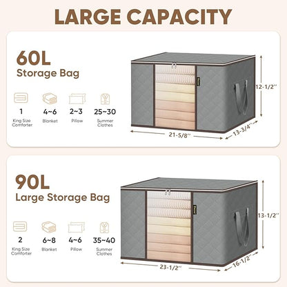 BALEINE 4 Pack Clothes Storage Bags, 24 Gallon Storage Containers with Reinforced Handle, Sturdy Zipper, Closet Organizer for Blanket, Comforter, Pillow, Bedding (Grey, 4 Pack)