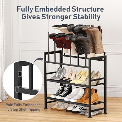 DIMJ Free Standing Shoe Racks - 4-Tier Boot Rack, Black Metal Boot Storage Organizer Tall Boots Organizer for Closet, Multiuse Shoe Rack for Boots, Sneakers,Fit for 6 Pairs Boots, Black