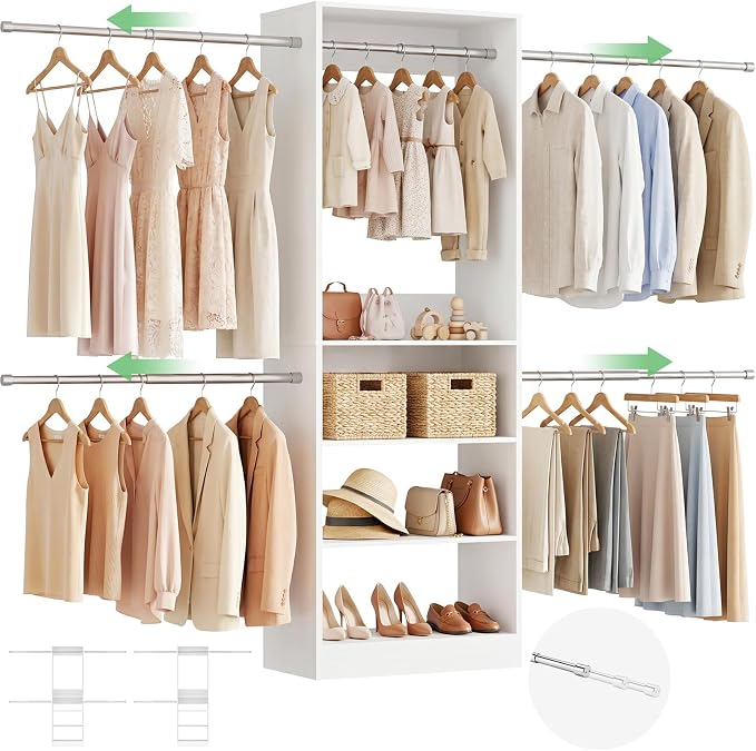 12FT Large Open Closet System, 138'' Wall-Mounted Closet Shelving with 5 Hanging Rods and 6 Shelves, Customizable Wardrobe for Walk-In Closets, Fits 5–12FT Spaces, White