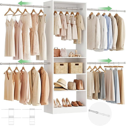 12FT Large Open Closet System, 138'' Wall-Mounted Closet Shelving with 5 Hanging Rods and 6 Shelves, Customizable Wardrobe for Walk-In Closets, Fits 5–12FT Spaces, White