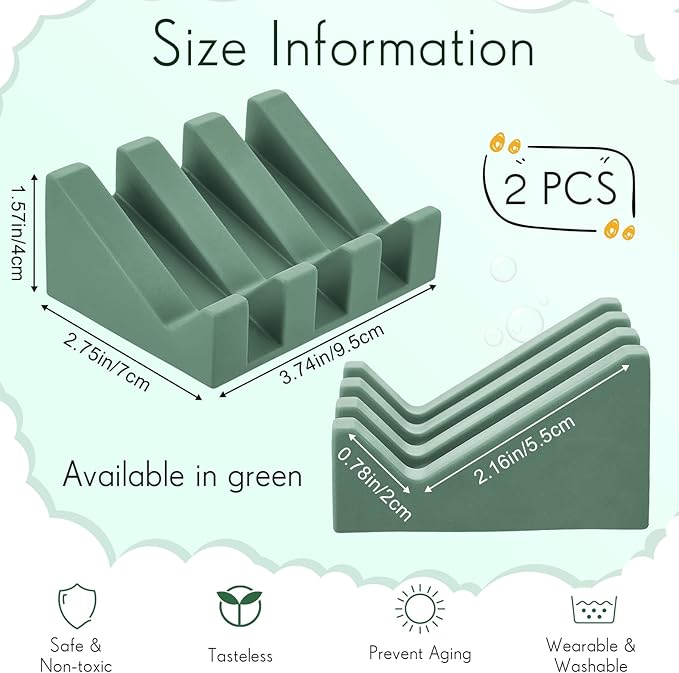 Cunhill 2 Pieces Silicone Soap Dish Self Draining Soap Dish Shower Waterfall Bar Soap Holder Tray with Drain Soap Saver for Kitchen Bathroom Accessories (Light Green)