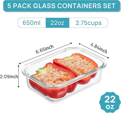 Vtopmart 5Pack 22oz Glass Storage Containers with Lids, Glass Meal Prep Food Container Sets with Snap Airtight Lids for Microwave, Oven, Freezer and Dishwasher, Pink
