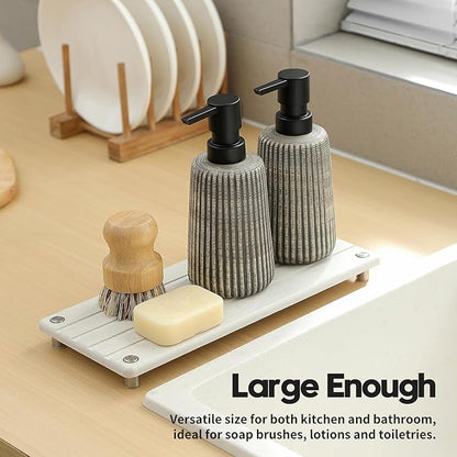 Razborci Instant Dry Sink Caddy Kitchen Sink Organizer, Quick Drying Stone Tray Diatomite Sponge Holder Soap Dish, Bathroom Countertop Fast Dry Water Absorbing Vanity Rack, Beige,12" x 5"
