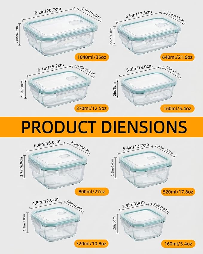 8 Pack Glass Meal Prep Containers with Lids, Glass Food Storage Containers with Airtight Vent Hole Lids, Lunch Containers Sets with lids Glass, Microwave Oven Freezer Dishwasher Safe